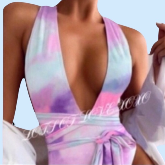 Blue Pink Purple Tie Dye Plunge V Criss Cross Back One Piece Swimsuit New - Picture 2 of 13